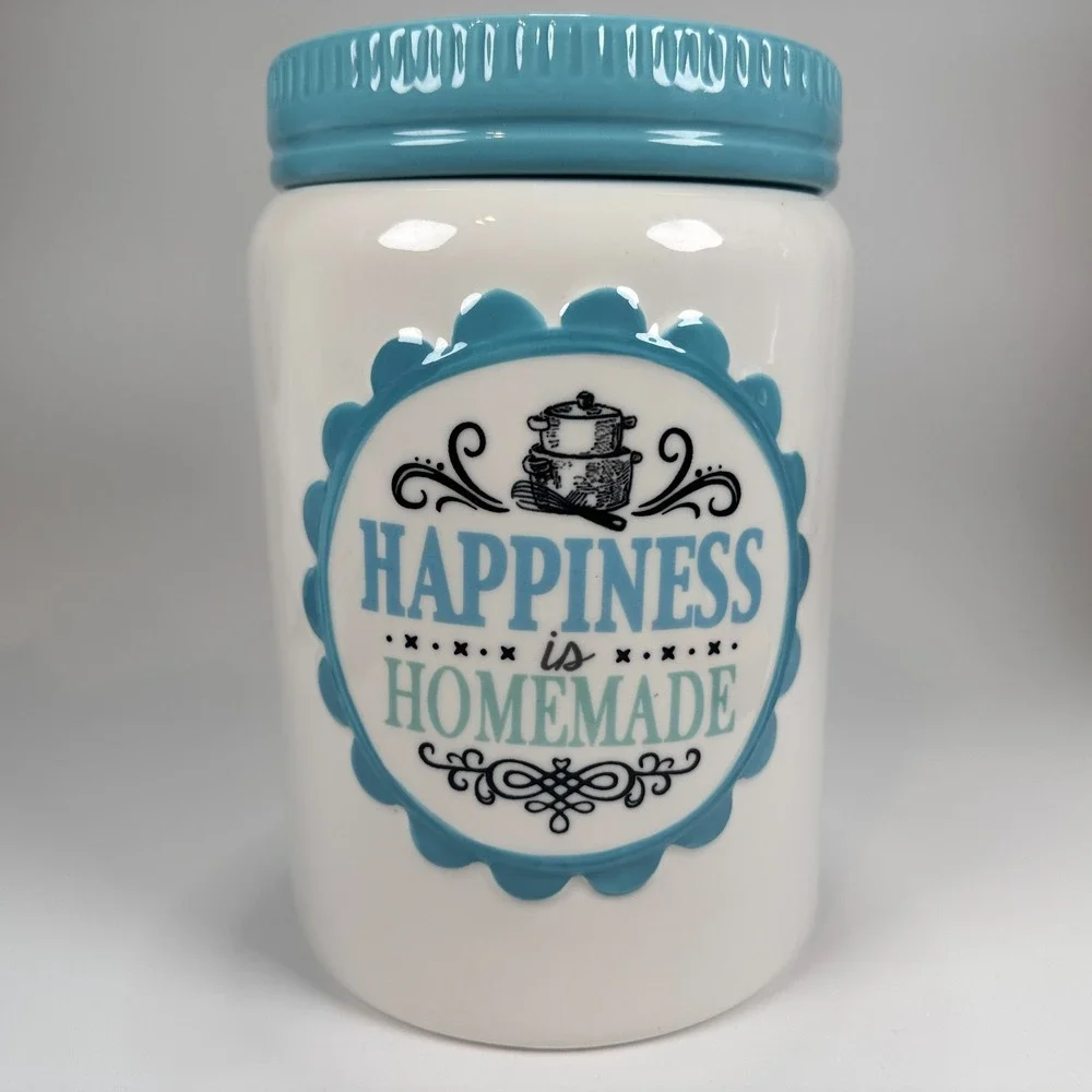 Cracker Barrel Cookie Jar 'Happiness is Homemade' Teal & White 8.5 x5.5